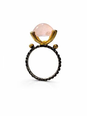 Handcrafted Greek Artisan Rose Quartz Cocktail Ring – 14K Gold